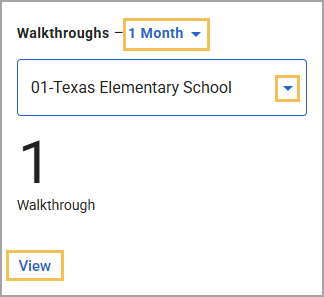 Walkthrough selection interface for Texas Elementary School with timeline and view options.